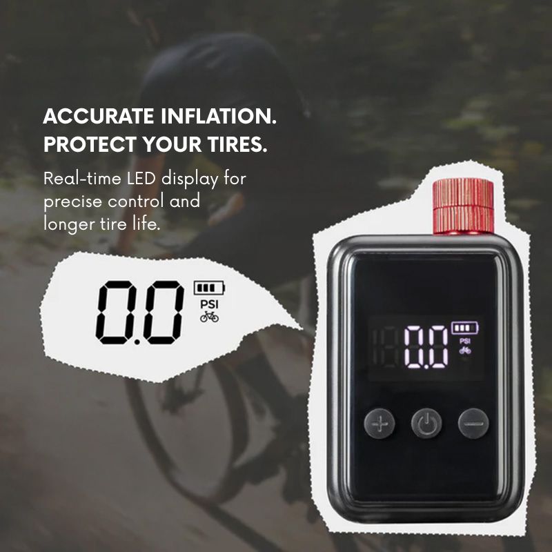 Digital tire pressure monitor with a blurred background of a bicycle.