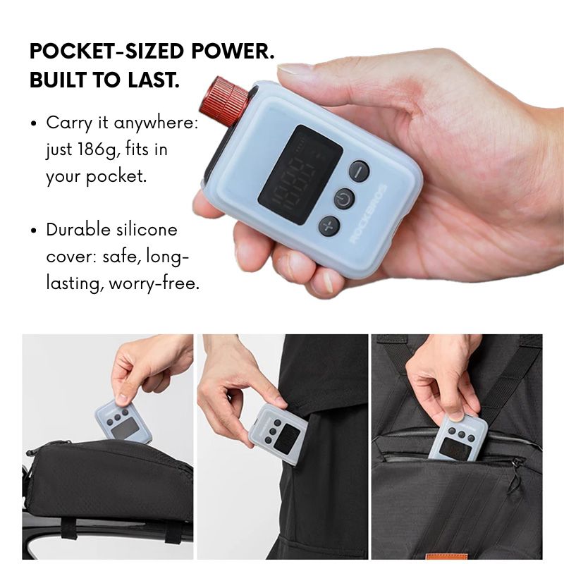 Hand holding a small bicycle air pump with text about its portability and features.