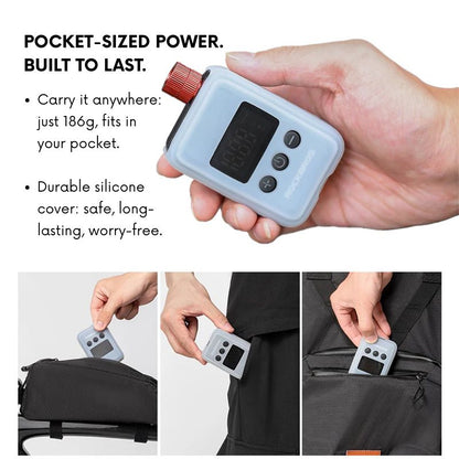 Hand holding a small bicycle air pump with text about its portability and features.