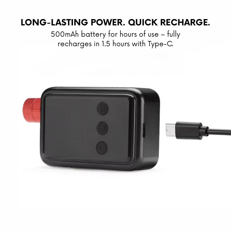 Black compact bicycle air pump with a red component and USB-C cable on a white background, featuring text about battery life and charging speed.