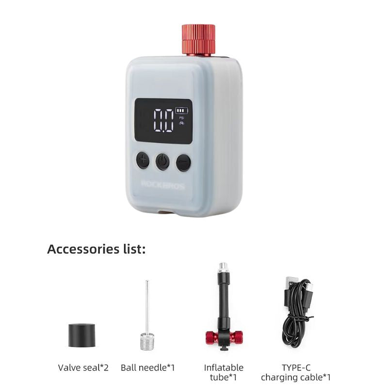 mini bicycle inflator with digital display and accessories on a white background